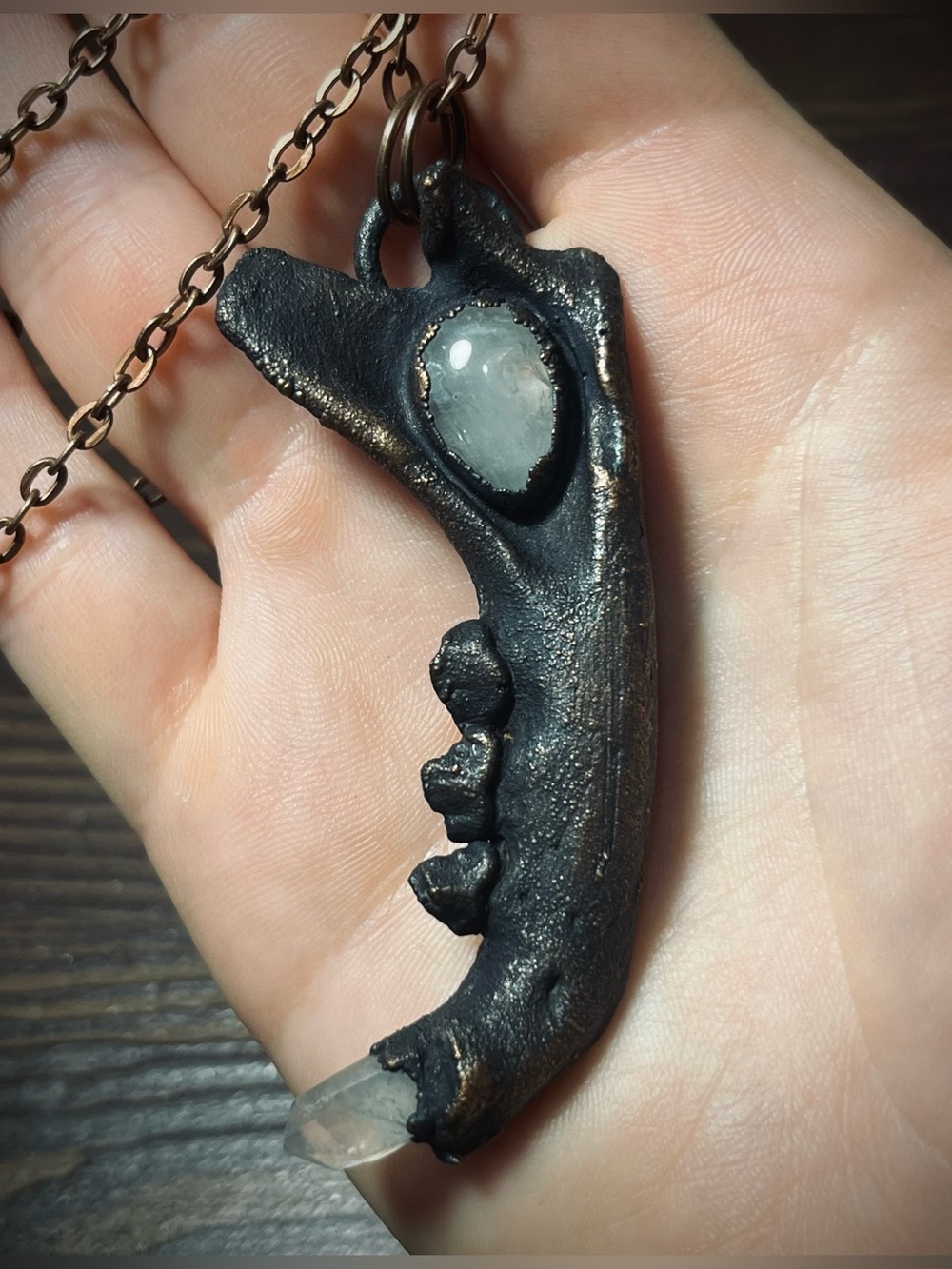 Copper Plated Jawbone with moonstone crystals by StrangeInSugarHouse